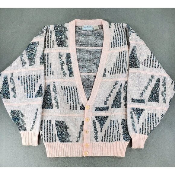 Vintage Santana Pin Geometric Pattern Mens M Long Sleeve Button Cardigan Fuzzy - Picture 1 of 5